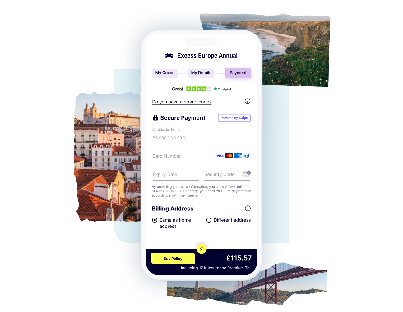 The payment screen in the checkout process for your Gigasure Car Hire Excess Insurance for your trip through Portugal