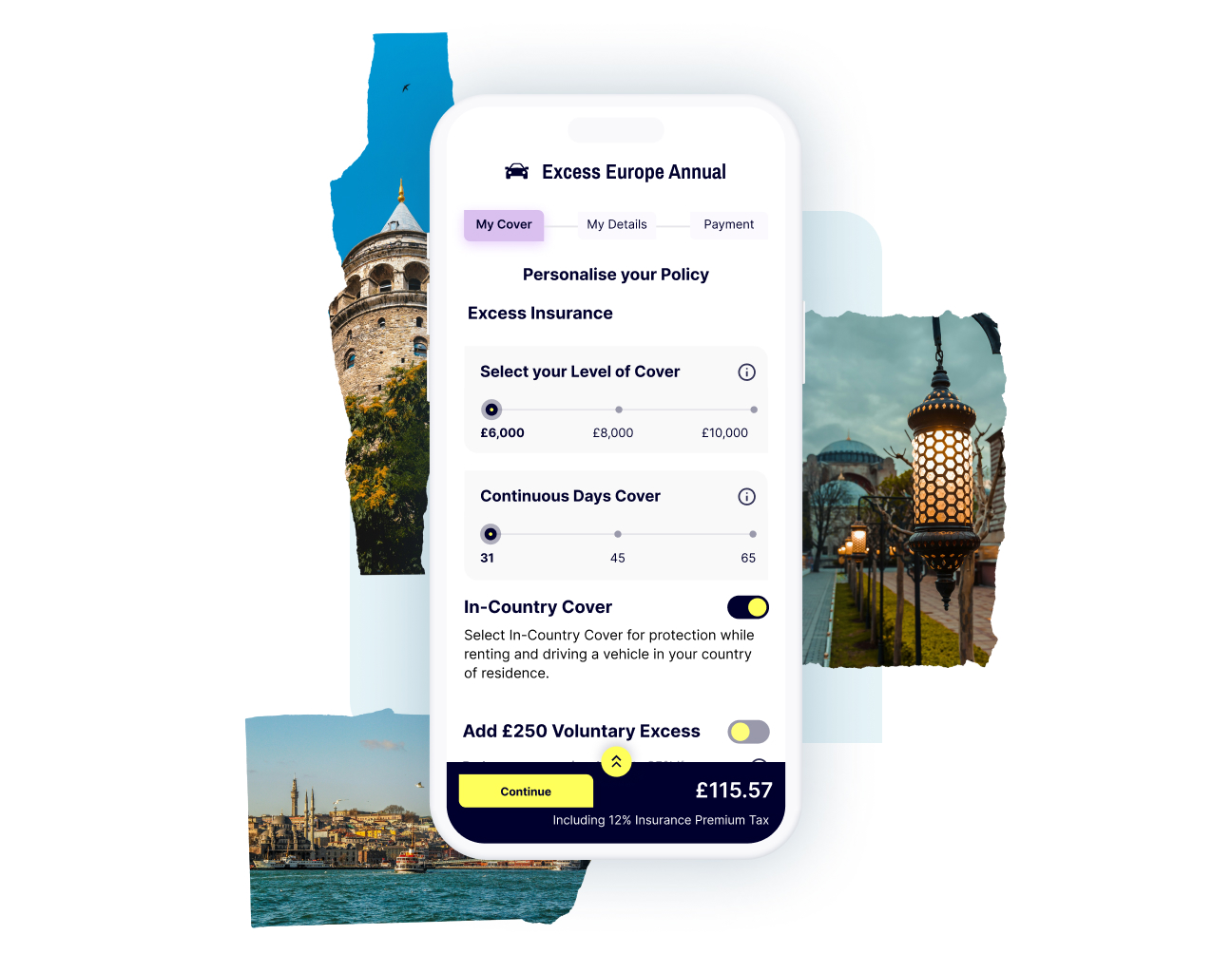 A mobile screen with your Car Hire Excess Insurance plan for Turkey, with options to set your voluntary excess and the number of consecutive days you need cover.