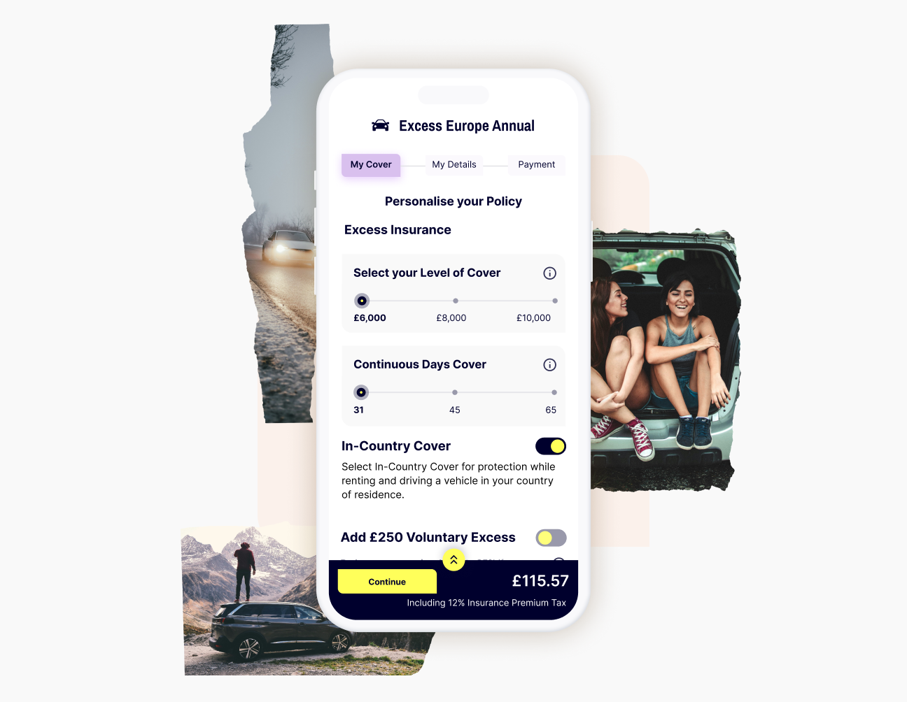 The screen displays options for customising your Car Hire Excess Insurance plan, including voluntary excess and continuous days of cover