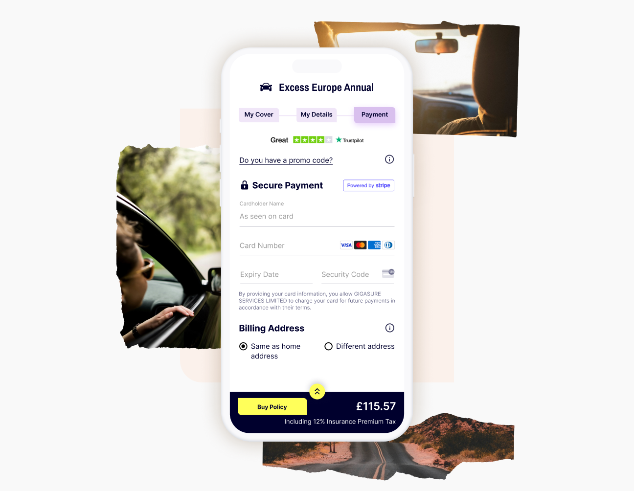 A collage of travel images alongside a mobile screen presenting the payment page, the final step in buying Gigasure Car Hire Excess Insurance