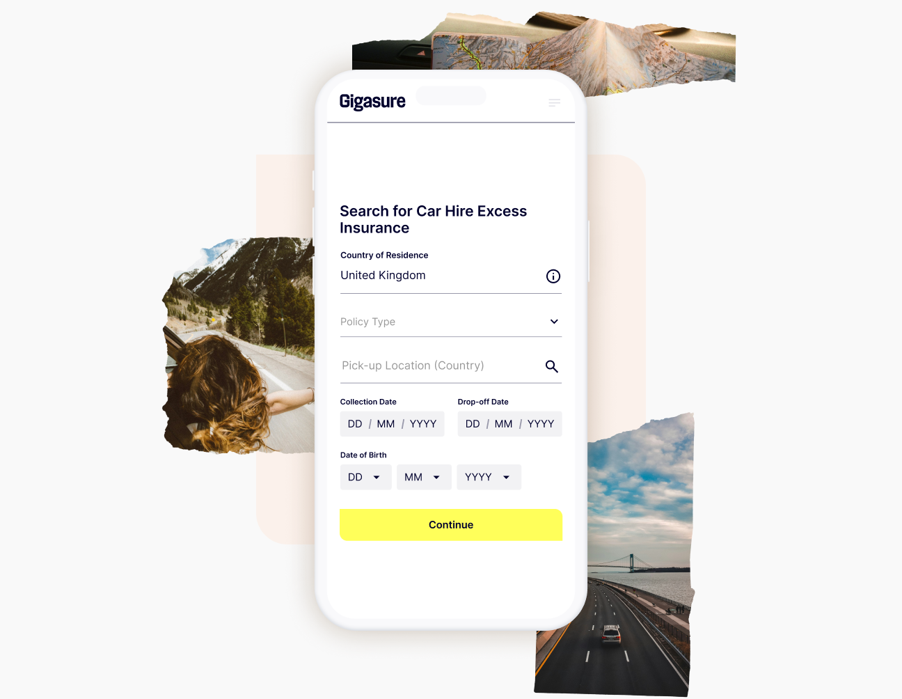 A collage of travel photos alongside a mobile screen displaying the first step to get a quick Gigasure Car Hire Excess Insurance quote
